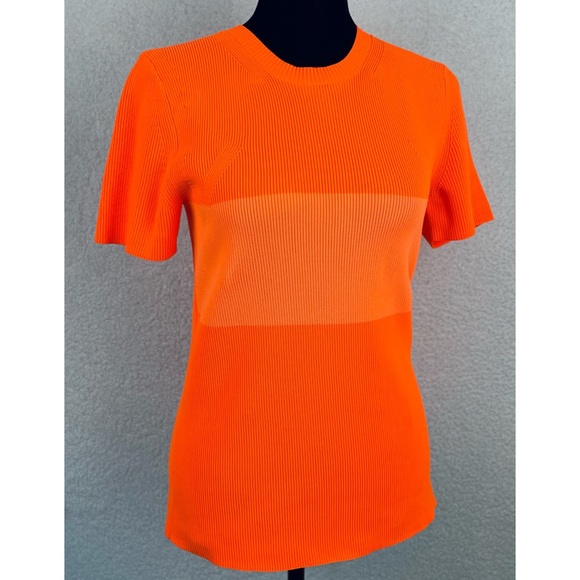 HELMUT LANG • Neon Orange Stripe Ribbed Knit Short Sleeve Tee - Picture 1 of 12